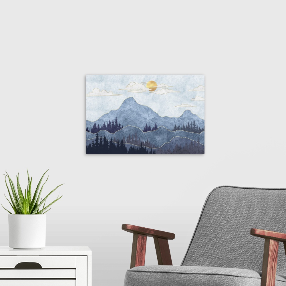 A modern room featuring Silhouettes of mountains with trees.