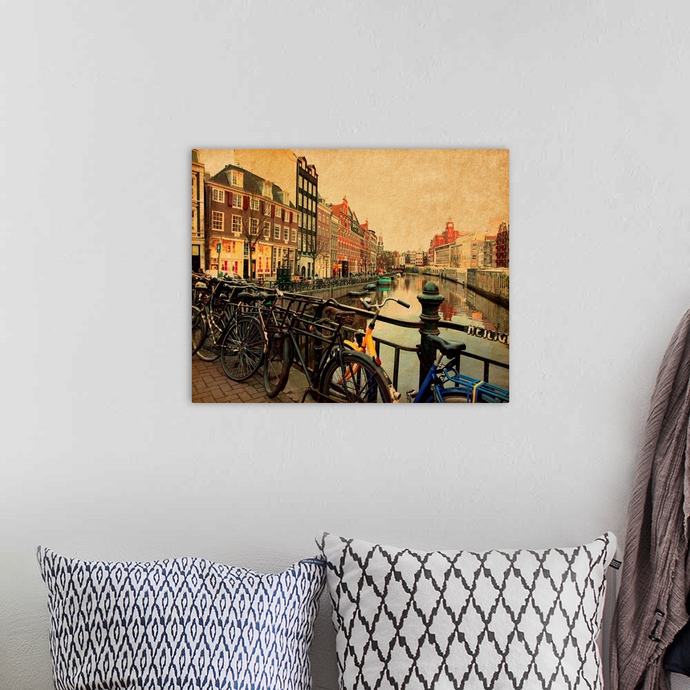 A bohemian room featuring Amsterdam. The Singel is one of the numerous canals in Amsterdam, Netherlands.  Photo in retro styl