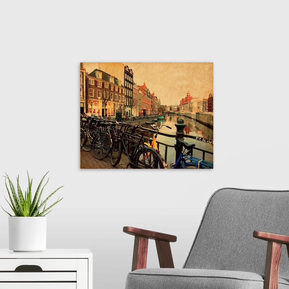 A modern room featuring Amsterdam. The Singel is one of the numerous canals in Amsterdam, Netherlands.  Photo in retro styl