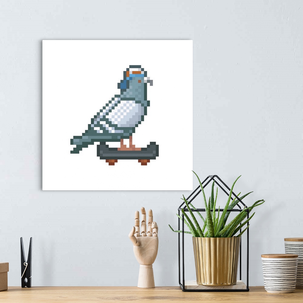 A bohemian room featuring Skating pigeon, pixel art illustration.