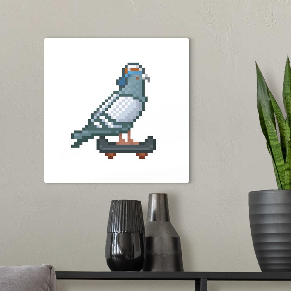 A modern room featuring Skating pigeon, pixel art illustration.