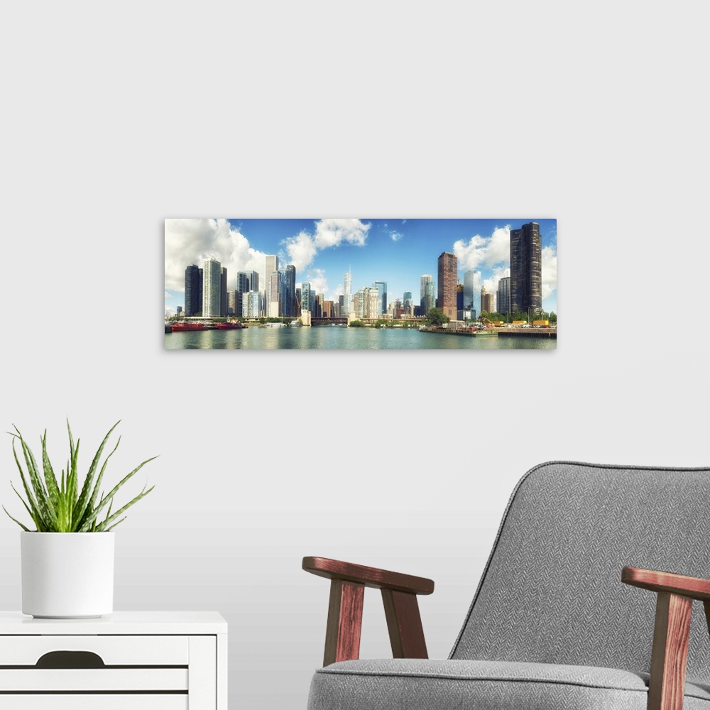 A modern room featuring Skycraper On Chicago Skyline Panorama, Chicago, Illinois