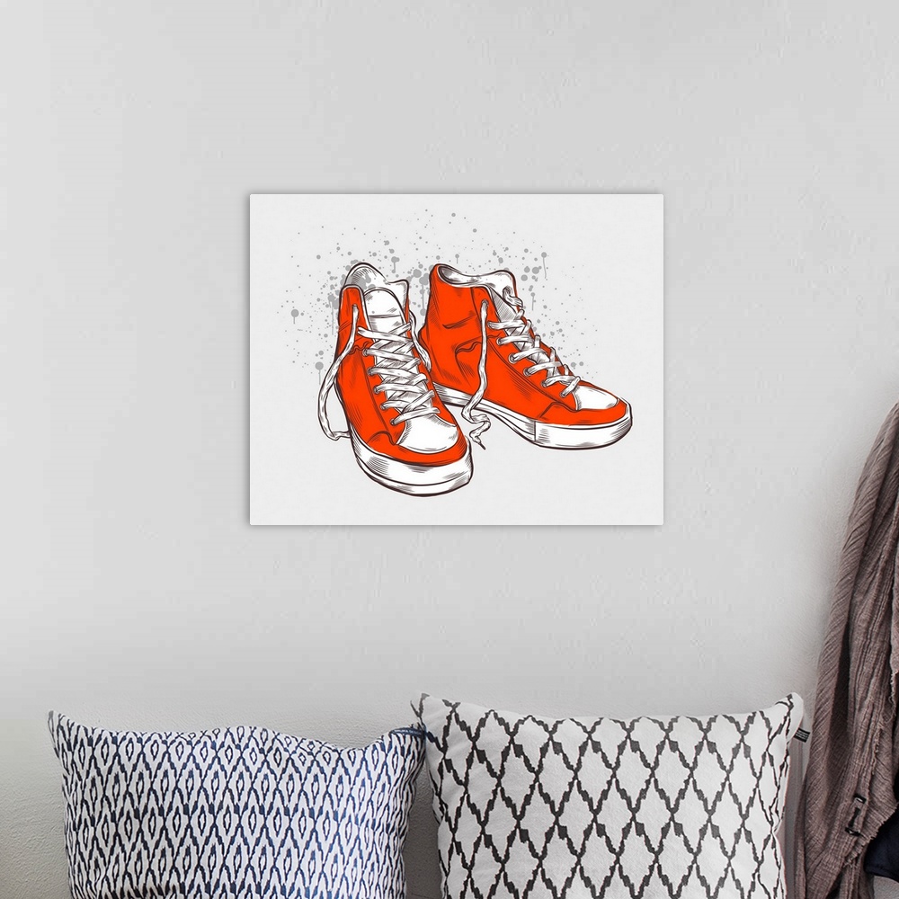 A bohemian room featuring Hand-drawn sneakers. Vector illustration.