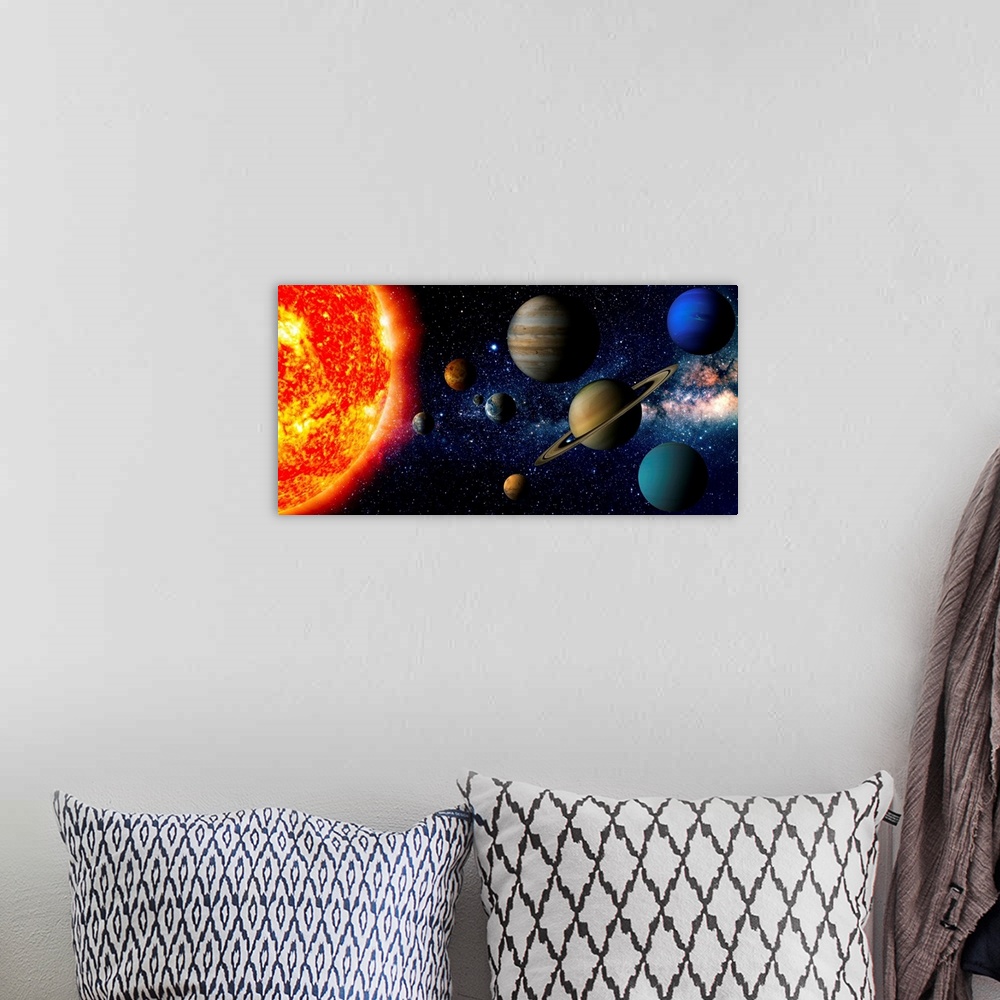 A bohemian room featuring Solar system, with all the planets and moon.