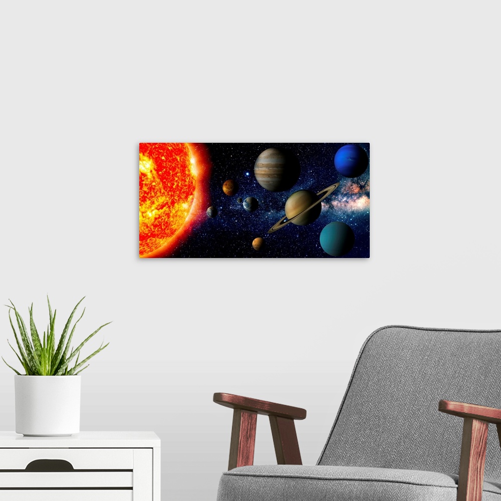 A modern room featuring Solar system, with all the planets and moon.