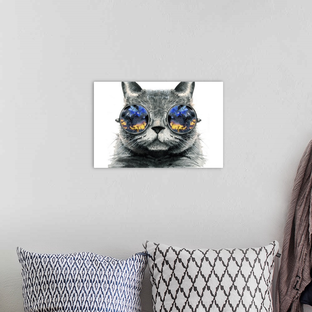 A bohemian room featuring A whimsical contemporary illustration of a cat wearing round sunglasses reflecting a starry outdo...