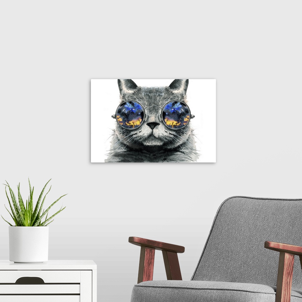 A modern room featuring A whimsical contemporary illustration of a cat wearing round sunglasses reflecting a starry outdo...