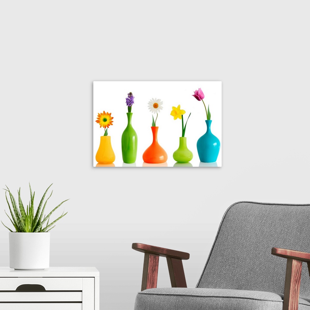 A modern room featuring Spring flowers in vases isolated on white