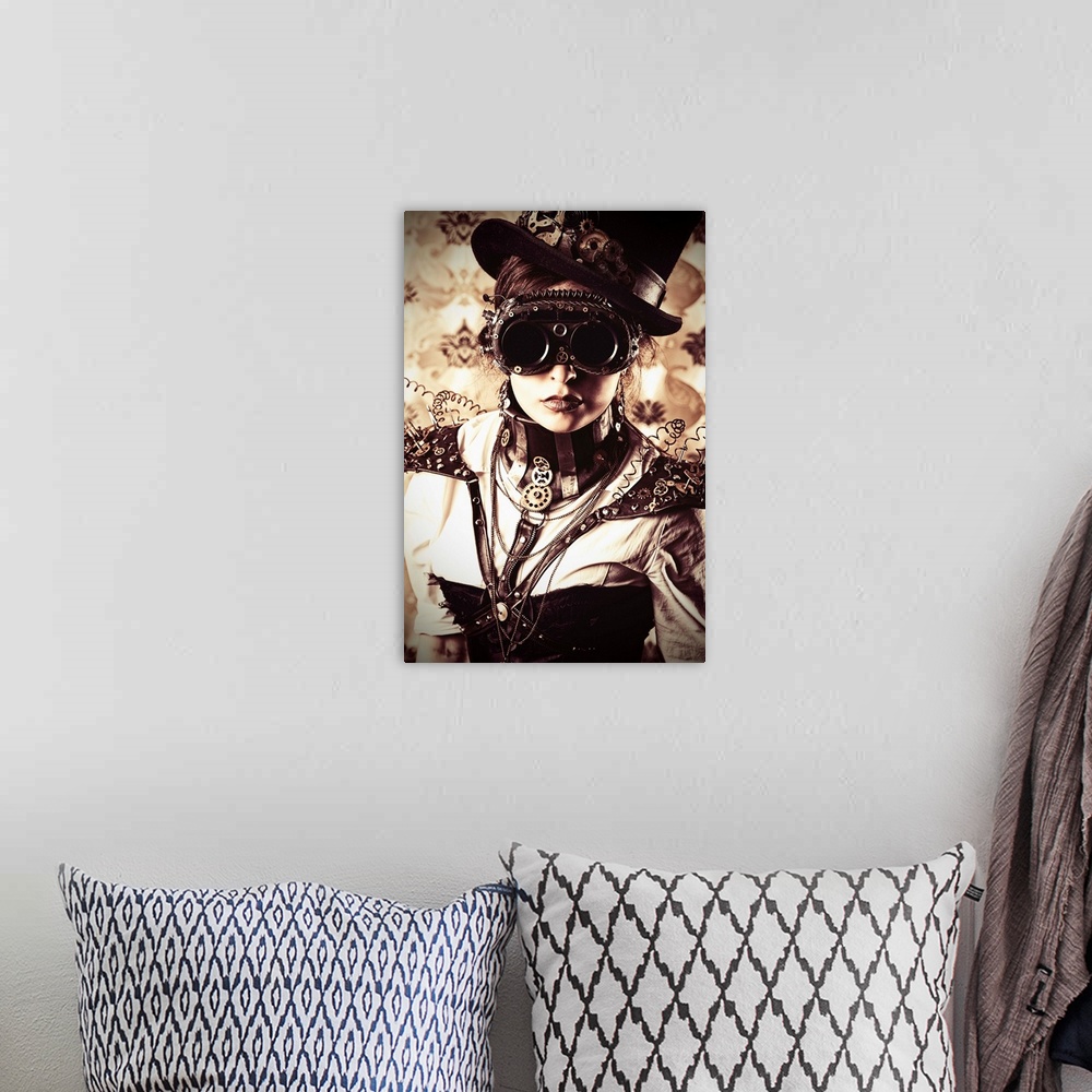 A bohemian room featuring Portrait of a beautiful steampunk woman over vintage background.