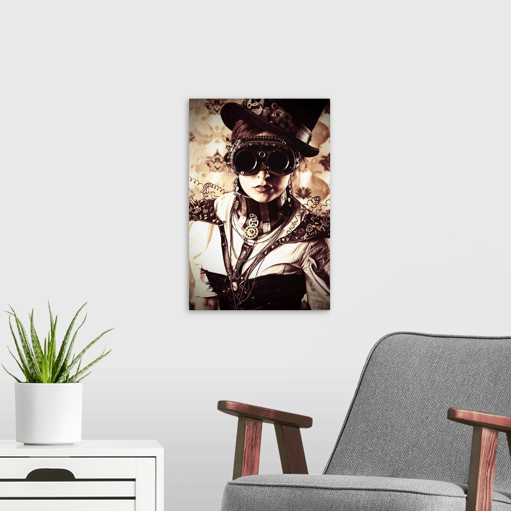 A modern room featuring Portrait of a beautiful steampunk woman over vintage background.