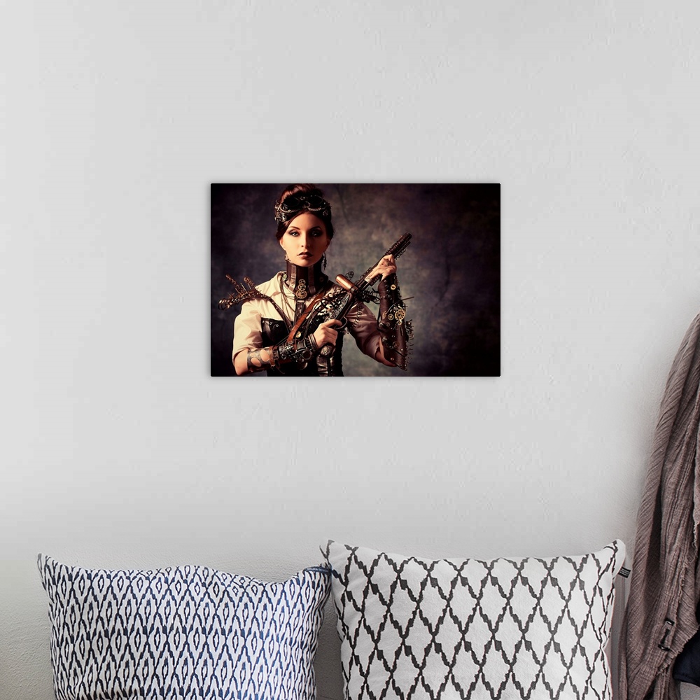 A bohemian room featuring Portrait of a beautiful steampunk woman holding a gun over grunge background.