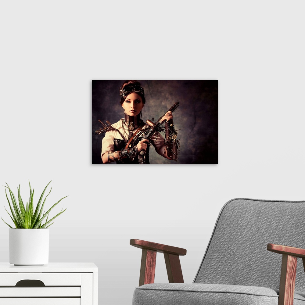 A modern room featuring Portrait of a beautiful steampunk woman holding a gun over grunge background.