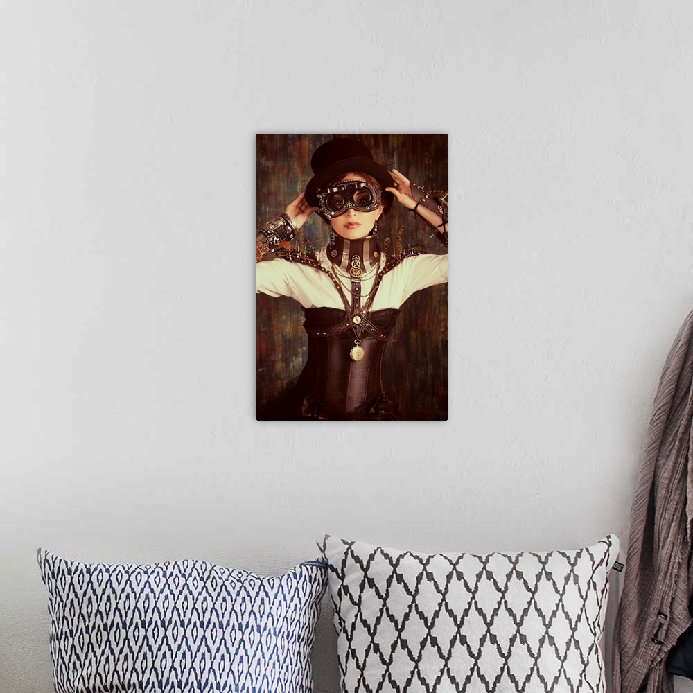 A bohemian room featuring Portrait of a beautiful steampunk woman over grunge background.