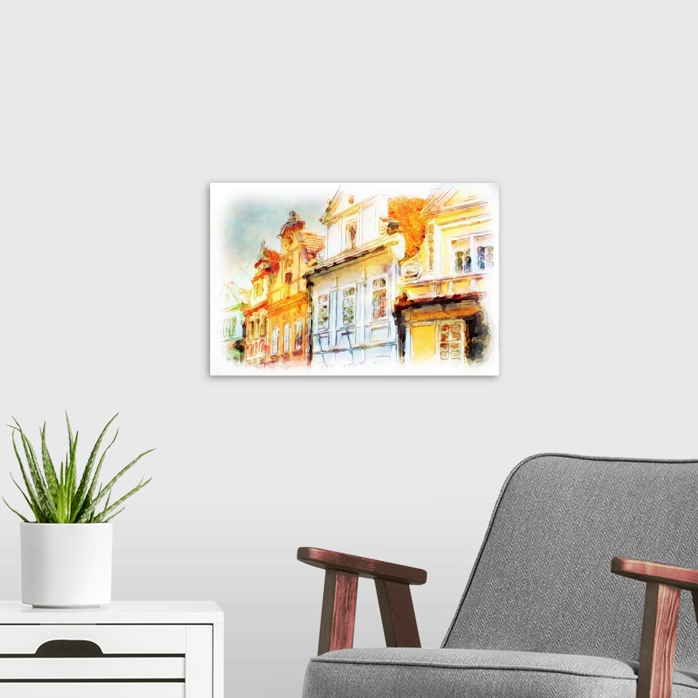 A modern room featuring street in old part of prague made in artistic watercolor style with texture. architectural detail