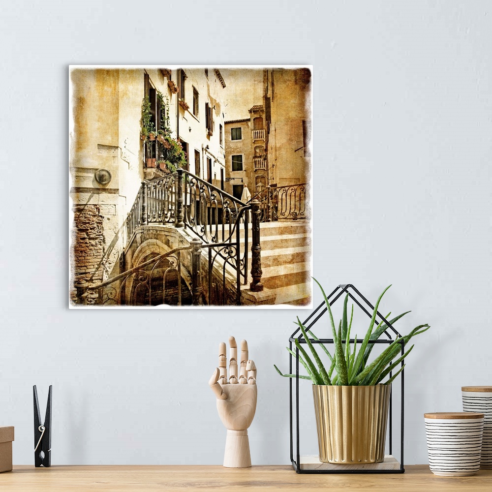 A bohemian room featuring streets of old Venice -picture in retro style