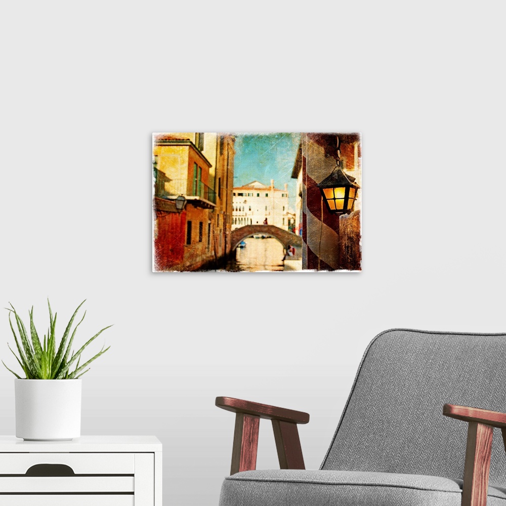 A modern room featuring streets of Venice - artwork in painting style