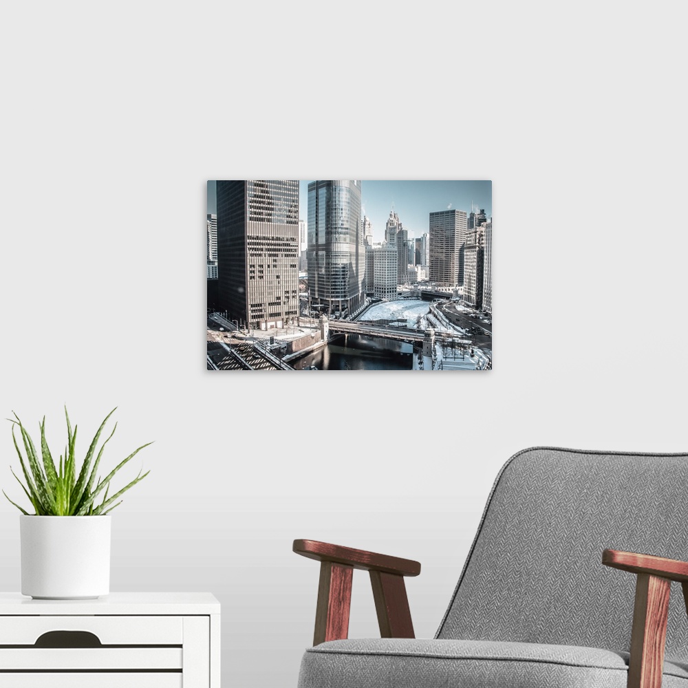 A modern room featuring Stunning Cityscape Of Downtown Chicago, Illinois In Winter