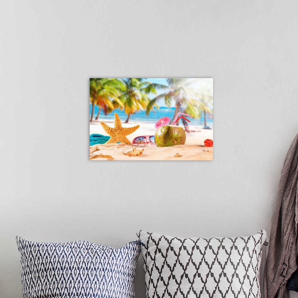 A bohemian room featuring Summer coconut cocktail on tropical beach.