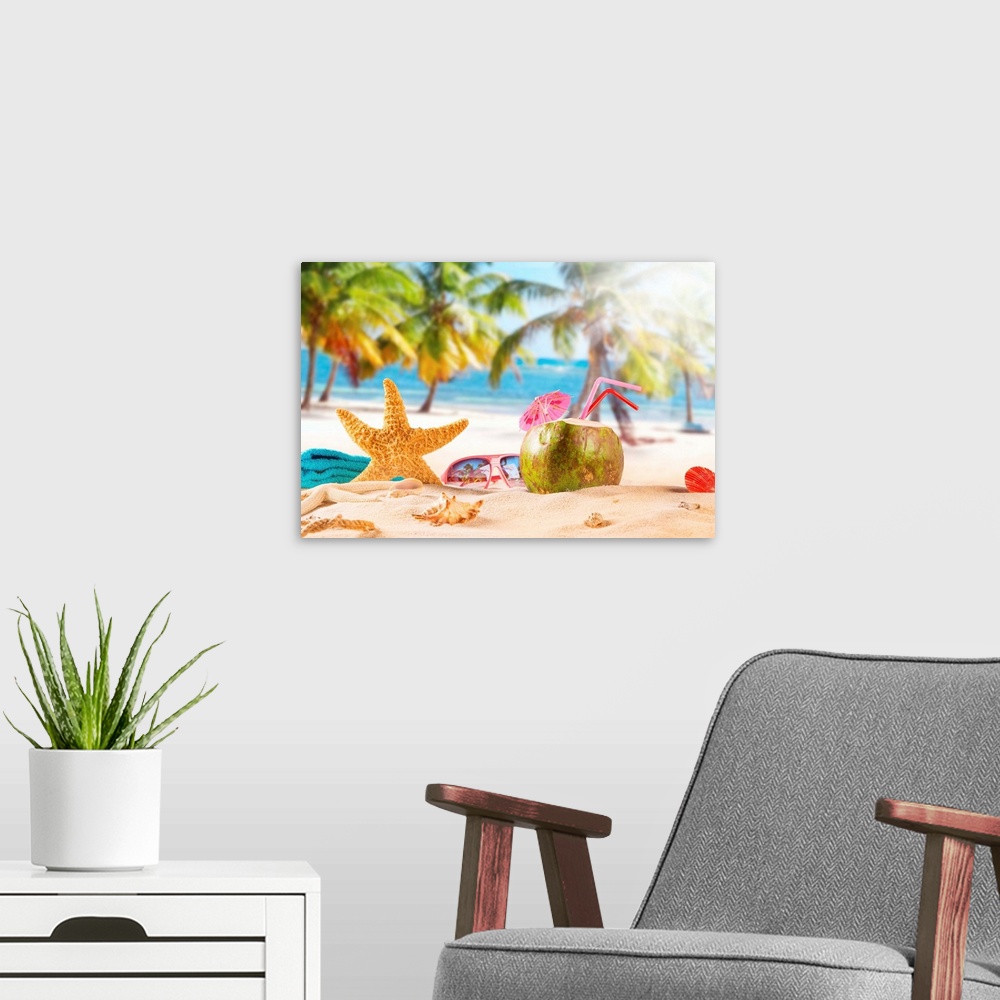 A modern room featuring Summer coconut cocktail on tropical beach.