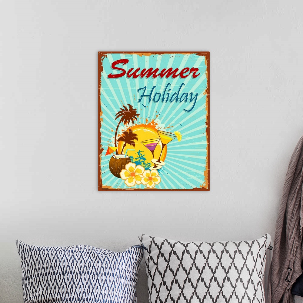A bohemian room featuring illustration of summer holiday poster with palm tree and coconut