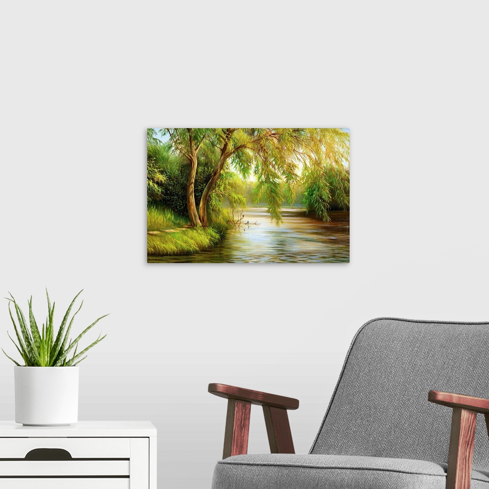 A modern room featuring summer wood lake with trees and bushes