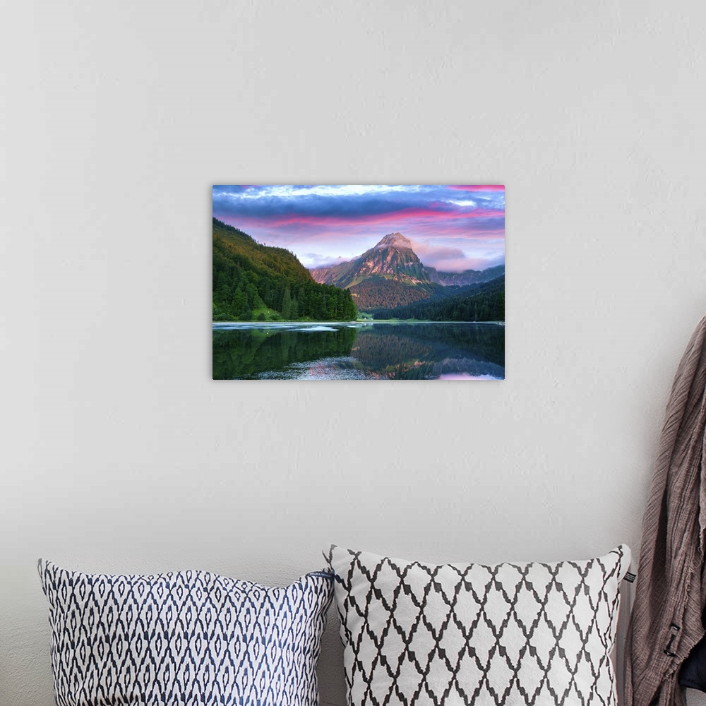 A bohemian room featuring Summer Morning On Swiss Lake Obersee