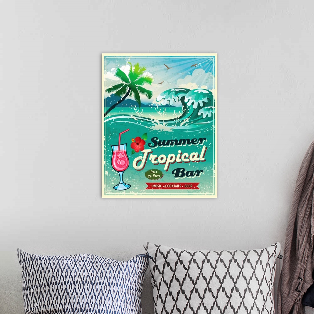 A bohemian room featuring illustration of vintage seaside tropical bar sign