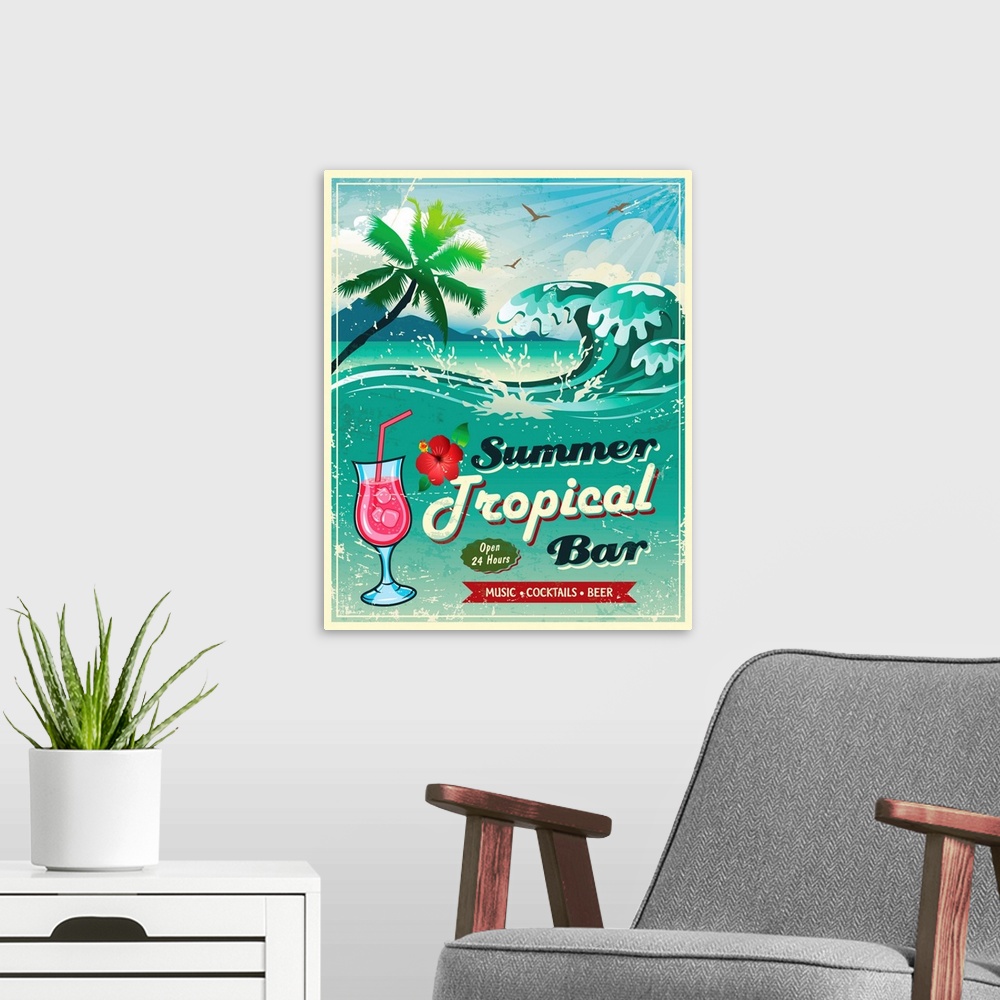 A modern room featuring illustration of vintage seaside tropical bar sign