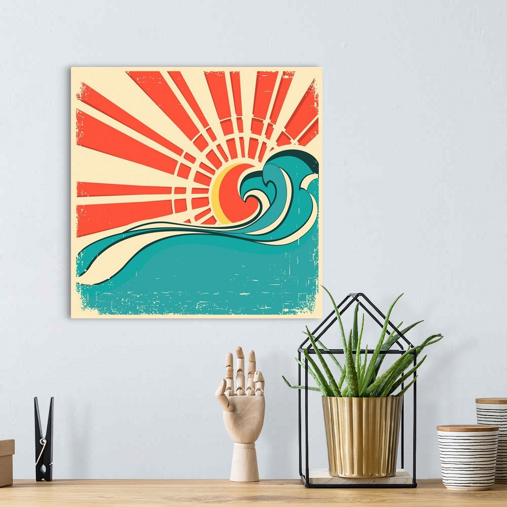A bohemian room featuring Sea Waves.vintage Illustration Of Nature Poster With Sun On Old Paper