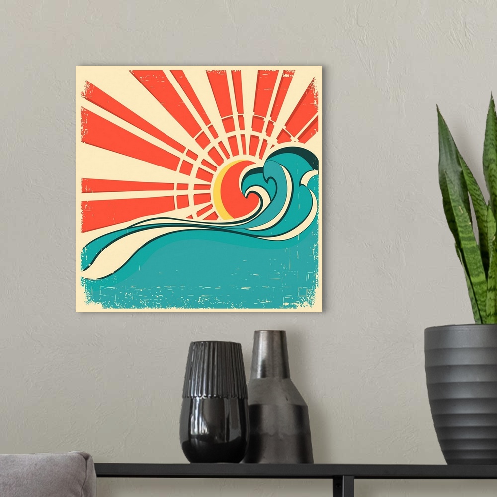 A modern room featuring Sea Waves.vintage Illustration Of Nature Poster With Sun On Old Paper