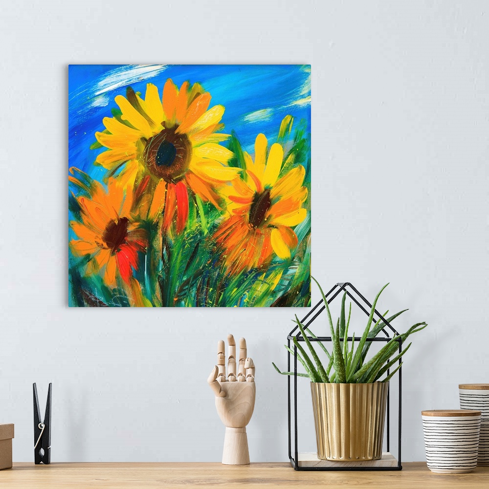 A bohemian room featuring The sunflowers drawn by oil on canvas