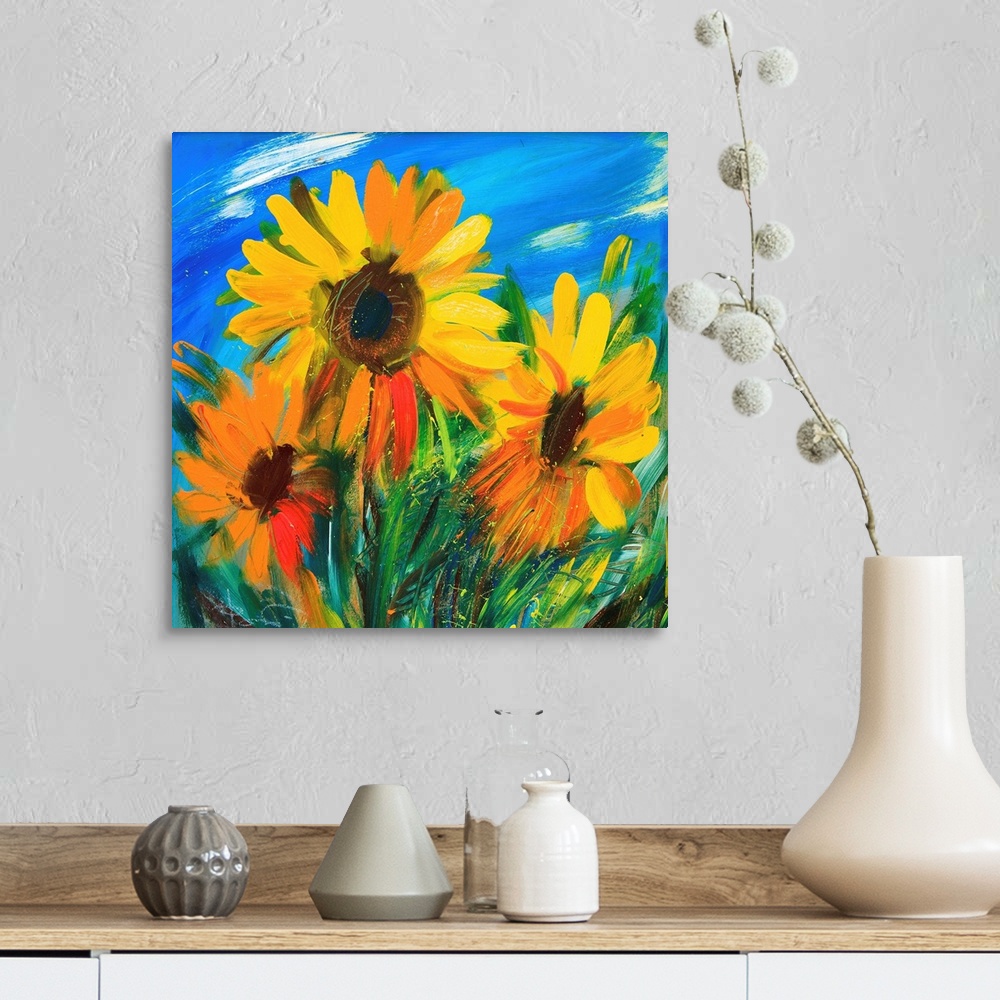 A farmhouse room featuring The sunflowers drawn by oil on canvas