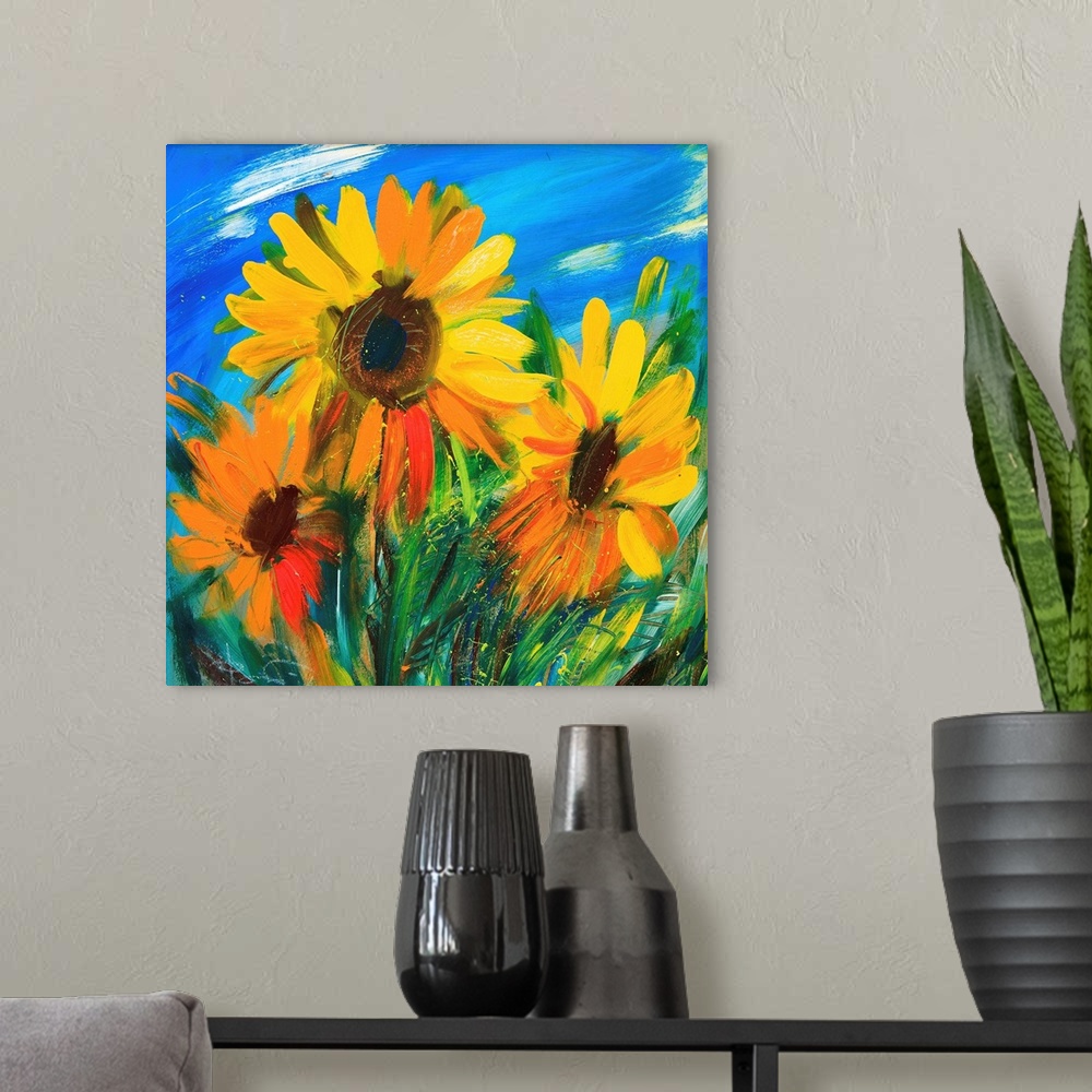 A modern room featuring The sunflowers drawn by oil on canvas