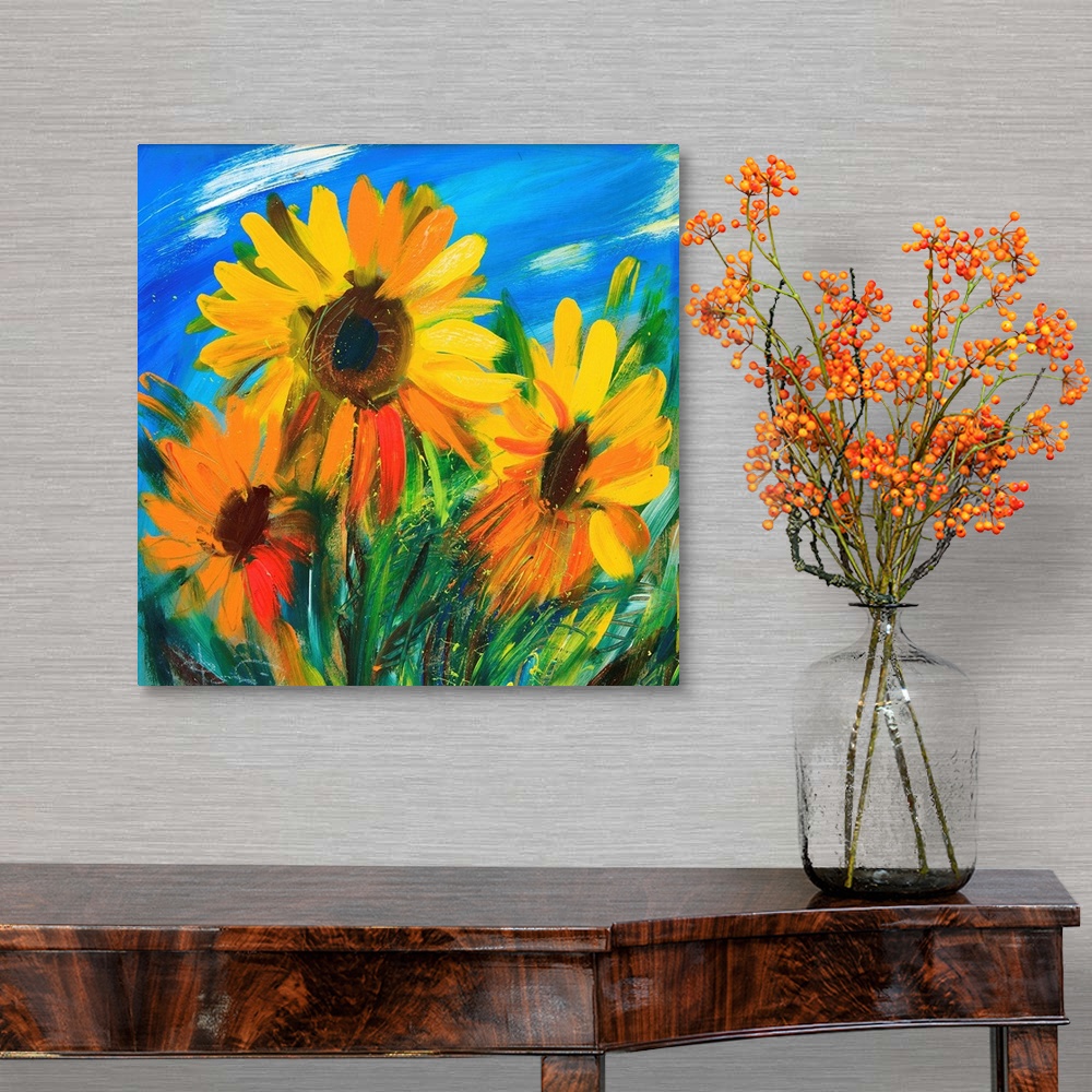 A traditional room featuring The sunflowers drawn by oil on canvas
