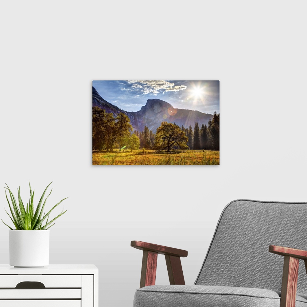 A modern room featuring Sunrise On Half Dome, Yosemite National Park, California