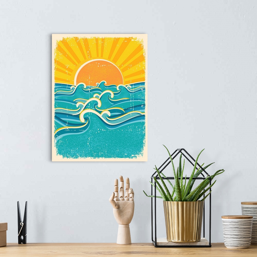 A bohemian room featuring Sea Waves And Yellow Sun On Old Paper Texture.vintage Illustration