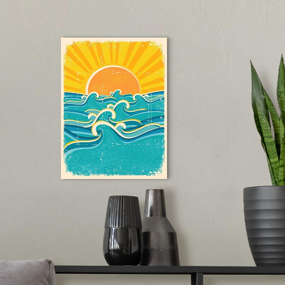 A modern room featuring Sea Waves And Yellow Sun On Old Paper Texture.vintage Illustration