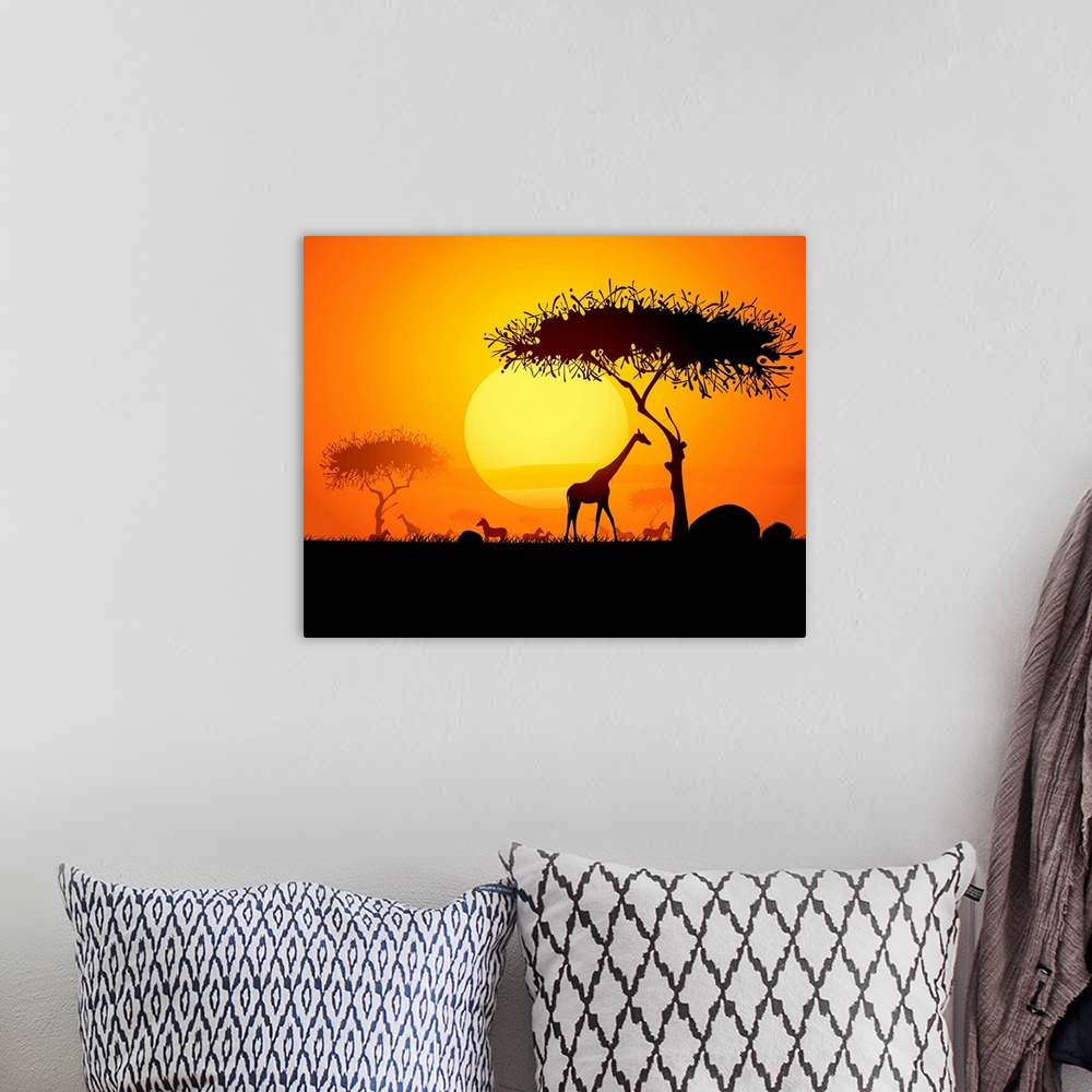 A bohemian room featuring Tranquil sunset scene in africa.  Silhouette animals and trees in africa sunset background.