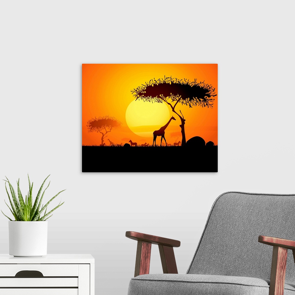 A modern room featuring Tranquil sunset scene in africa.  Silhouette animals and trees in africa sunset background.