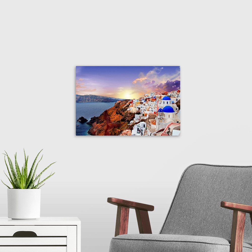 A modern room featuring Sunset over Santorini.