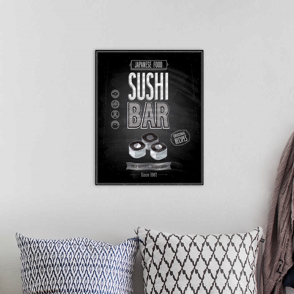 A bohemian room featuring Vintage Sushi Bar Poster - Chalkboard. Vector illustration.