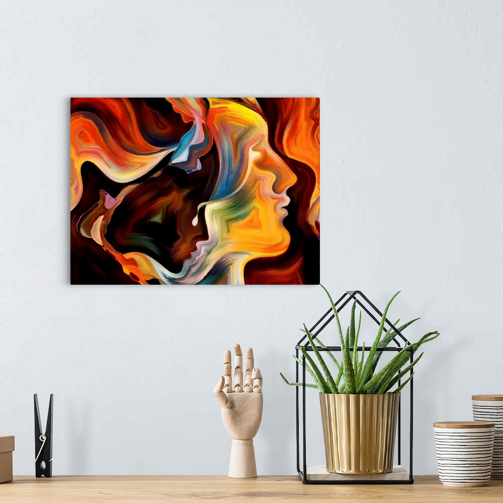A bohemian room featuring Colorful abstract painting using organic shapes to create human faces in profile.