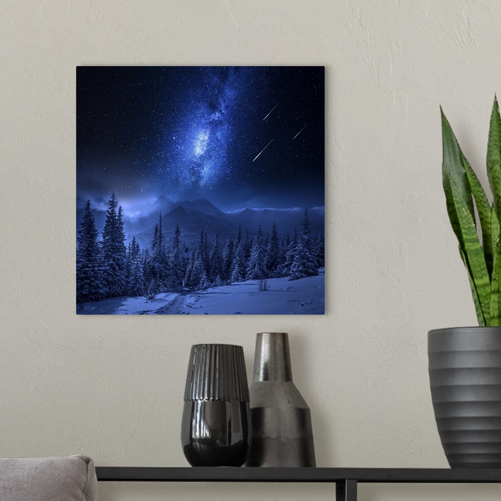 A modern room featuring Tatras Mountains in winter at night with falling stars, Poland.