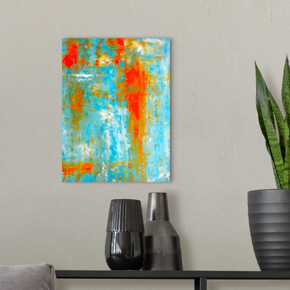 A modern room featuring This teal and orange artwork is the perfect choice for any room or project in need of a trendy ab...
