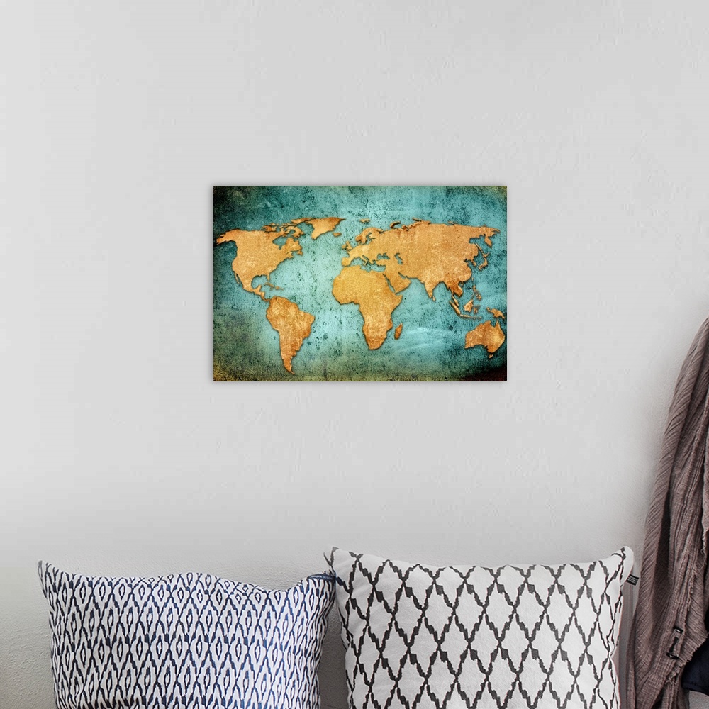 A bohemian room featuring world map textures and backgrounds