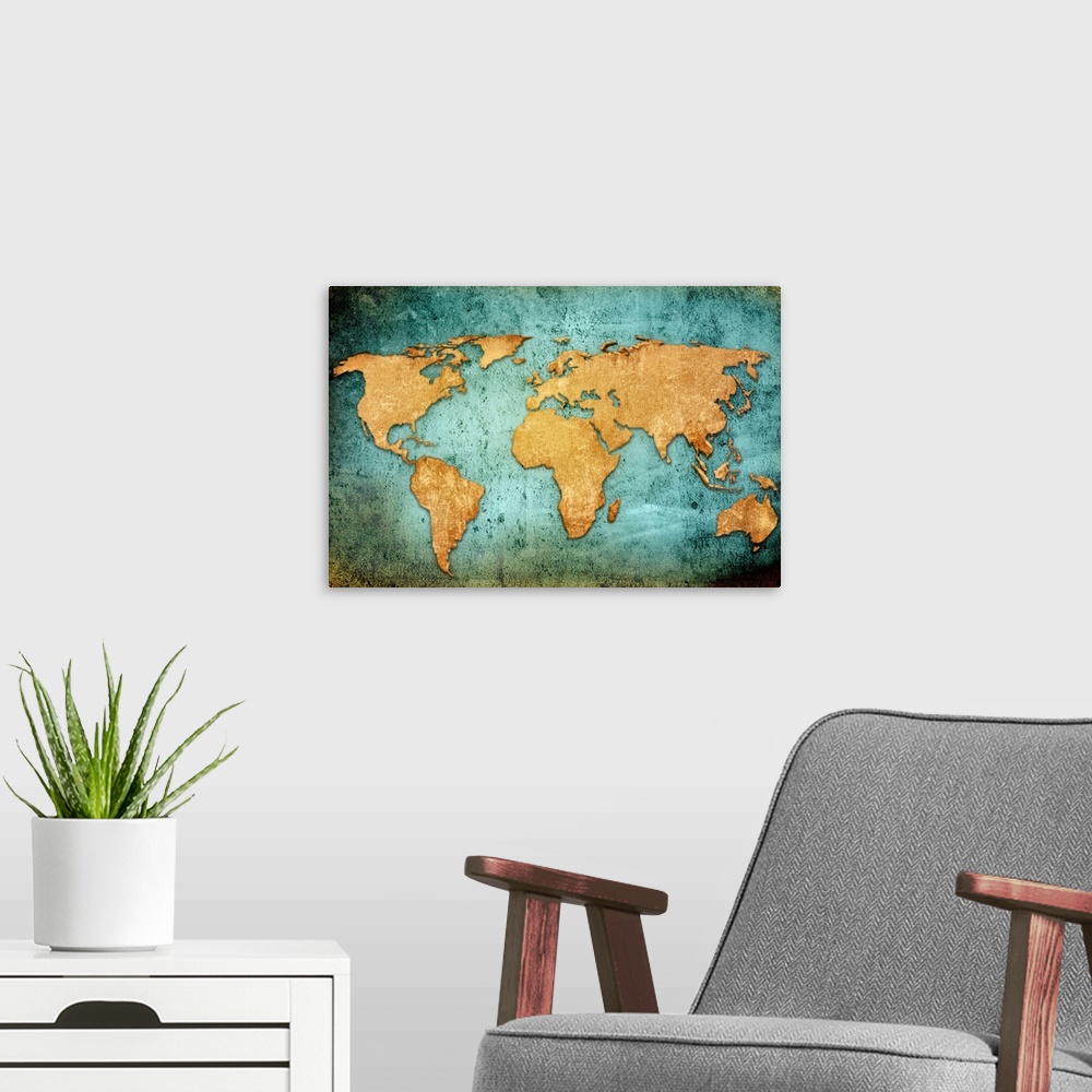 A modern room featuring world map textures and backgrounds