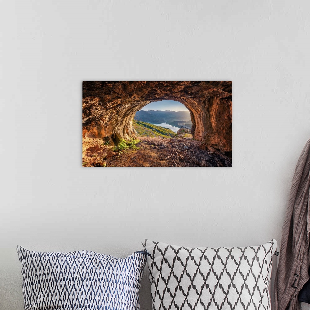 A bohemian room featuring Fantastic view from the cave of Bovilla Lake, near Tirana city. Unbelievable outdor scene of Alba...