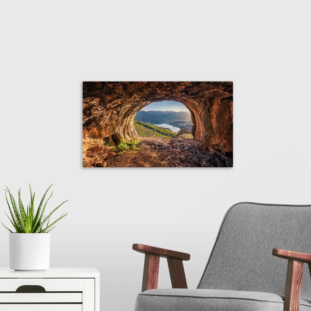 A modern room featuring Fantastic view from the cave of Bovilla Lake, near Tirana city. Unbelievable outdor scene of Alba...