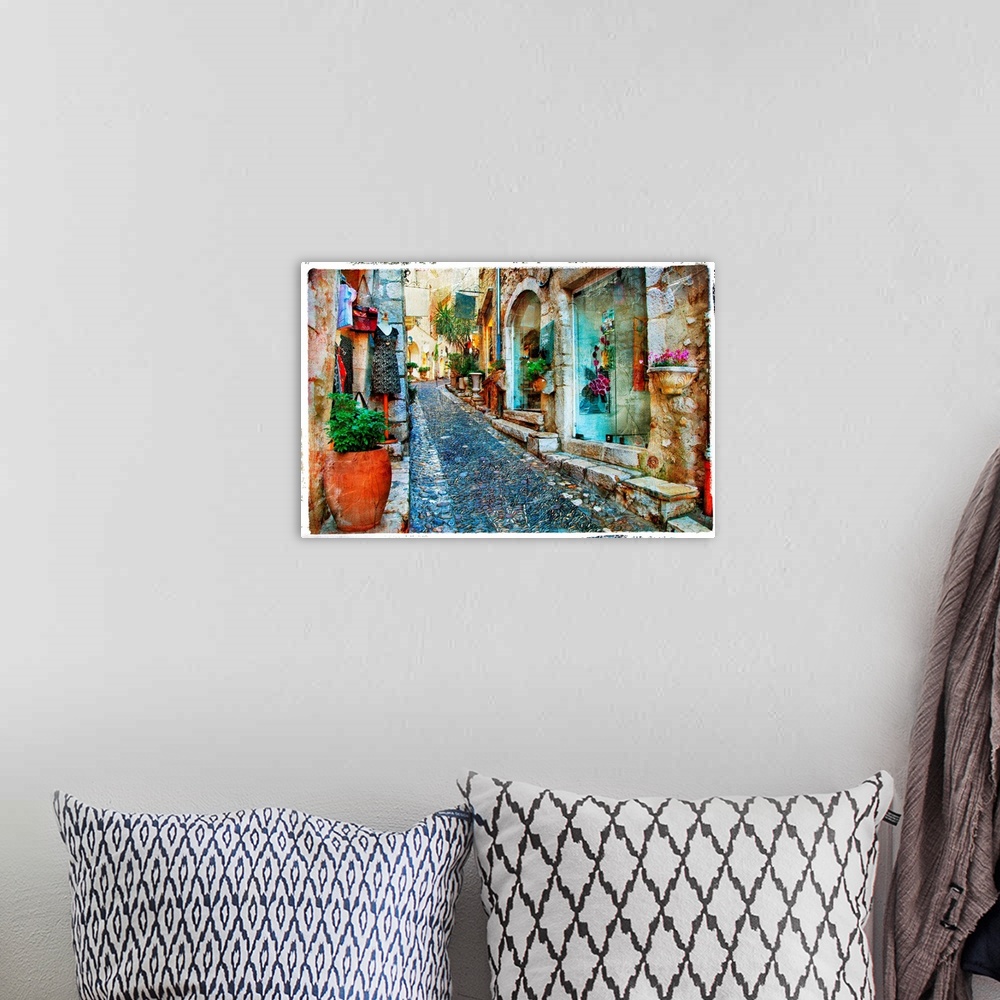 A bohemian room featuring charming villages of Provance, France - artwork in painting styl