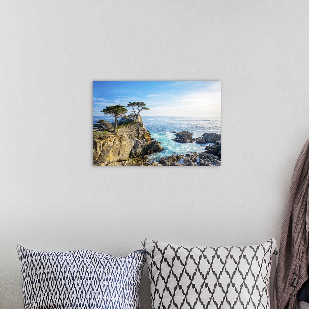 A bohemian room featuring The Lone Cypress, Seen From The 17 Mile Drive, Pebble Beach, California